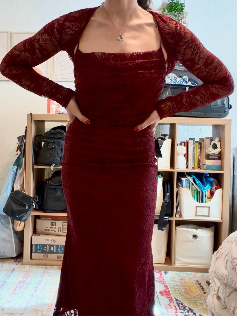Lulus Certainly Iconic Burgundy Lace Midi Dress And Shrug Set Red - Size M